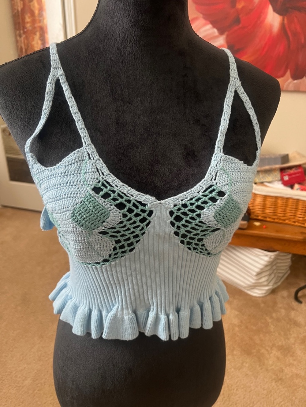House of Sunny Light Blue Crochet Detail Crop Top